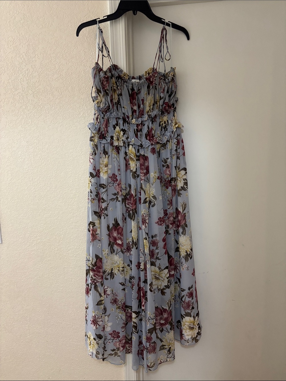 En Saison Light Blue Floral Maxi Dress with Smocked Top and tie shoulder